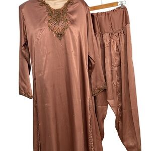 Vintage Satin Embroidered Salwar Kameez Set Hand Beaded, 2 Piece M
